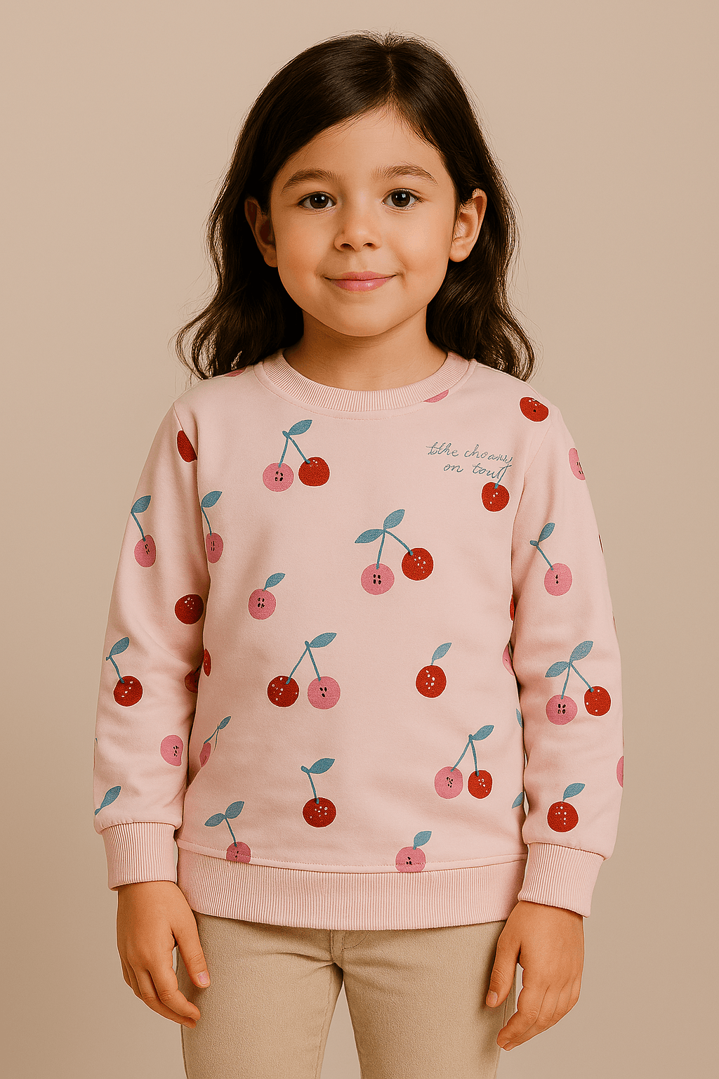 Pembe Kiraz Baskılı 2 İplik %100 Pamuk Kız Çocuk Sweatshirt