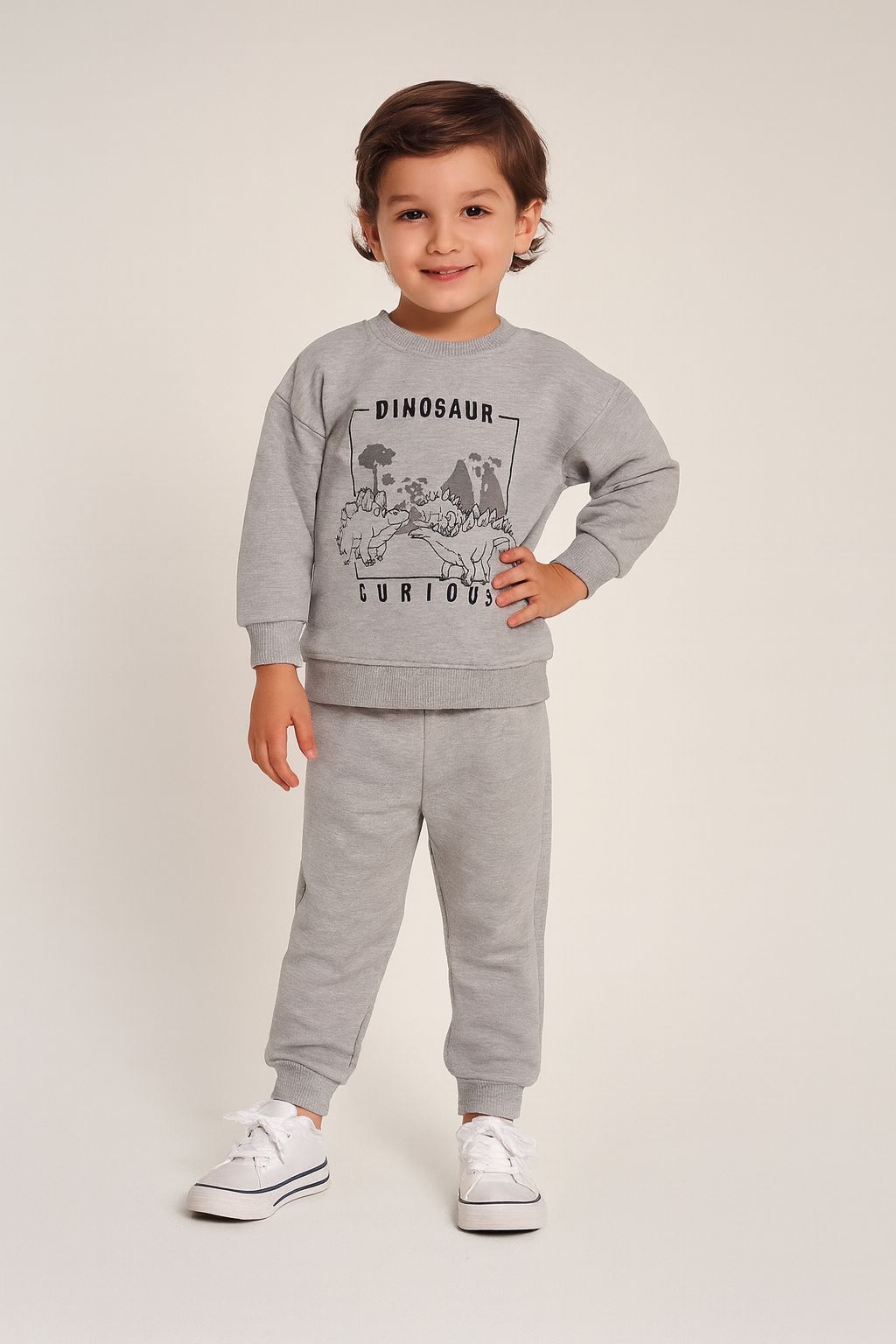 Gri Melanj Dinazor Model Erkek Çocuk Eşofman Takım 