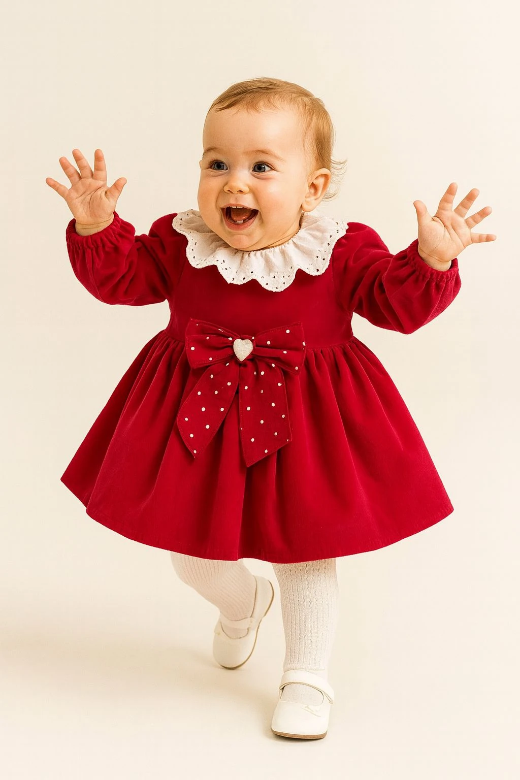 Kırmızı Fisto Yaka Fiyonklu Kadife Kız Bebek Elbise