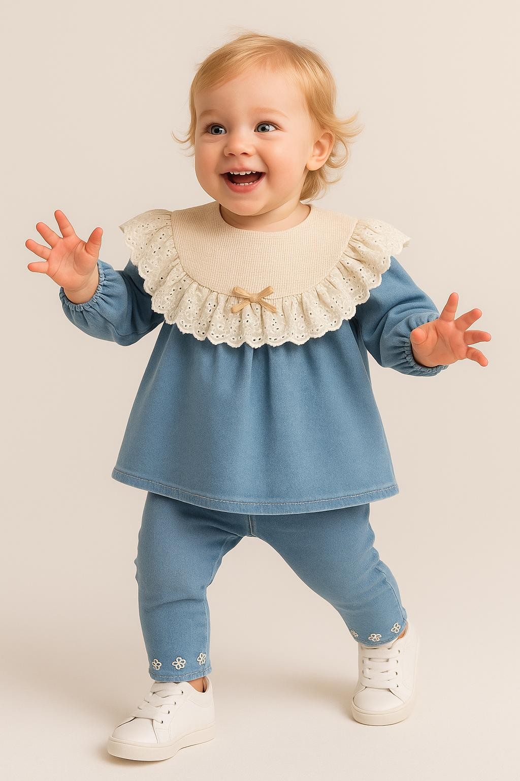 Fisto Yaka Detaylı Denim Alt Üst Bebek Takım