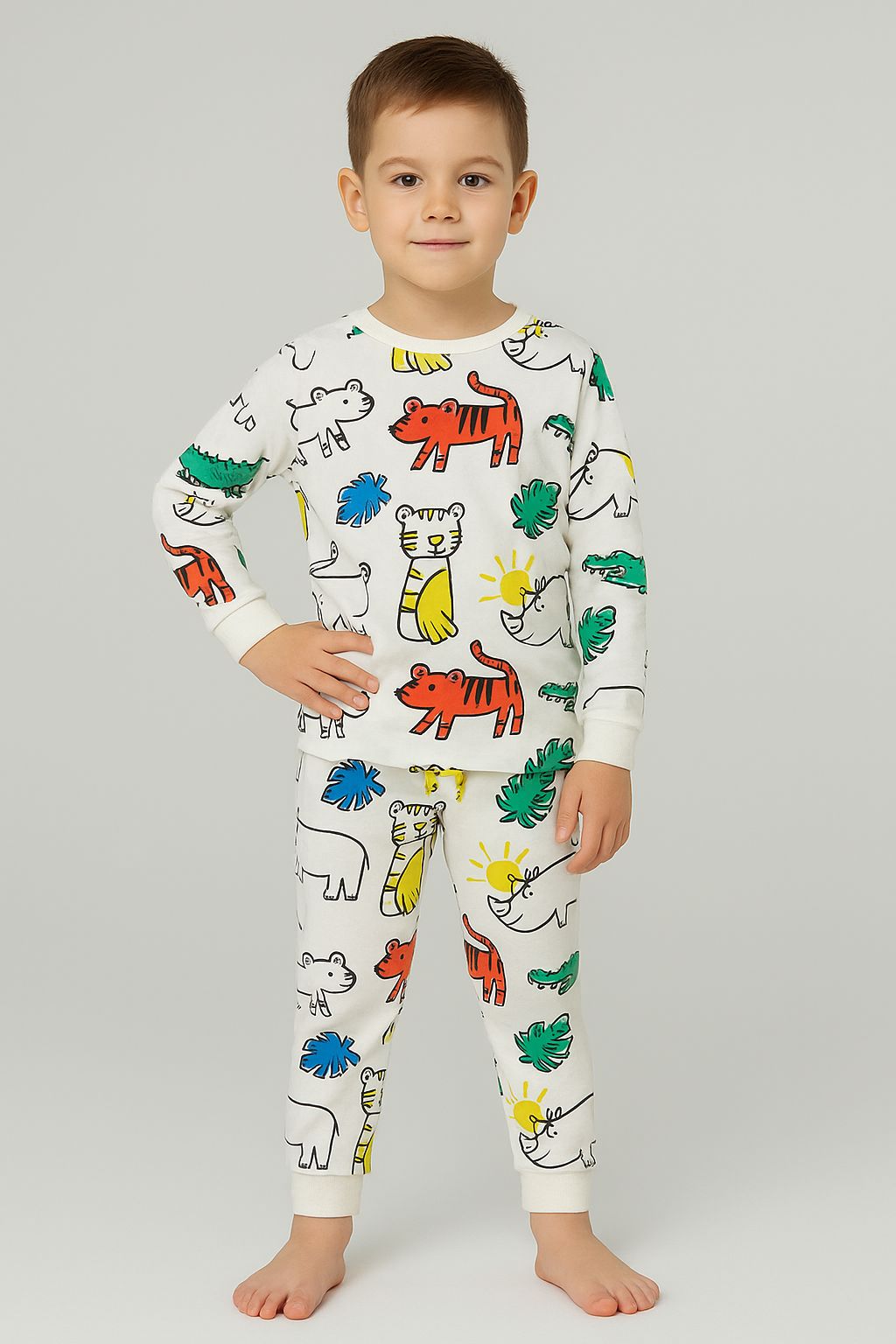 Ekru renkli Animal Desenli %100 Pamuk Erkek Çocuk Pijama Takımı