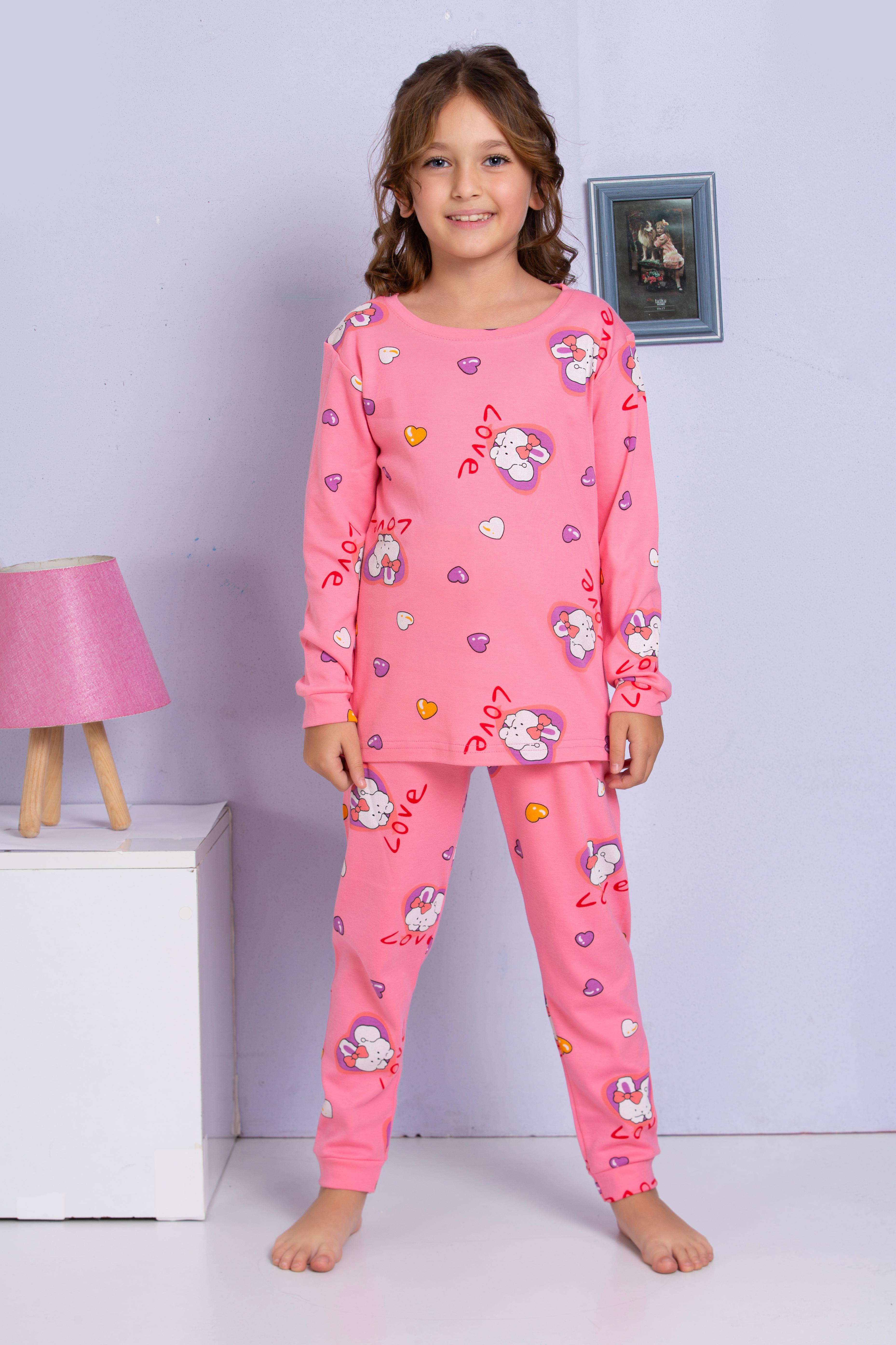 Kız Çocuk Pembe Kalp Desenli Pijama Takımı