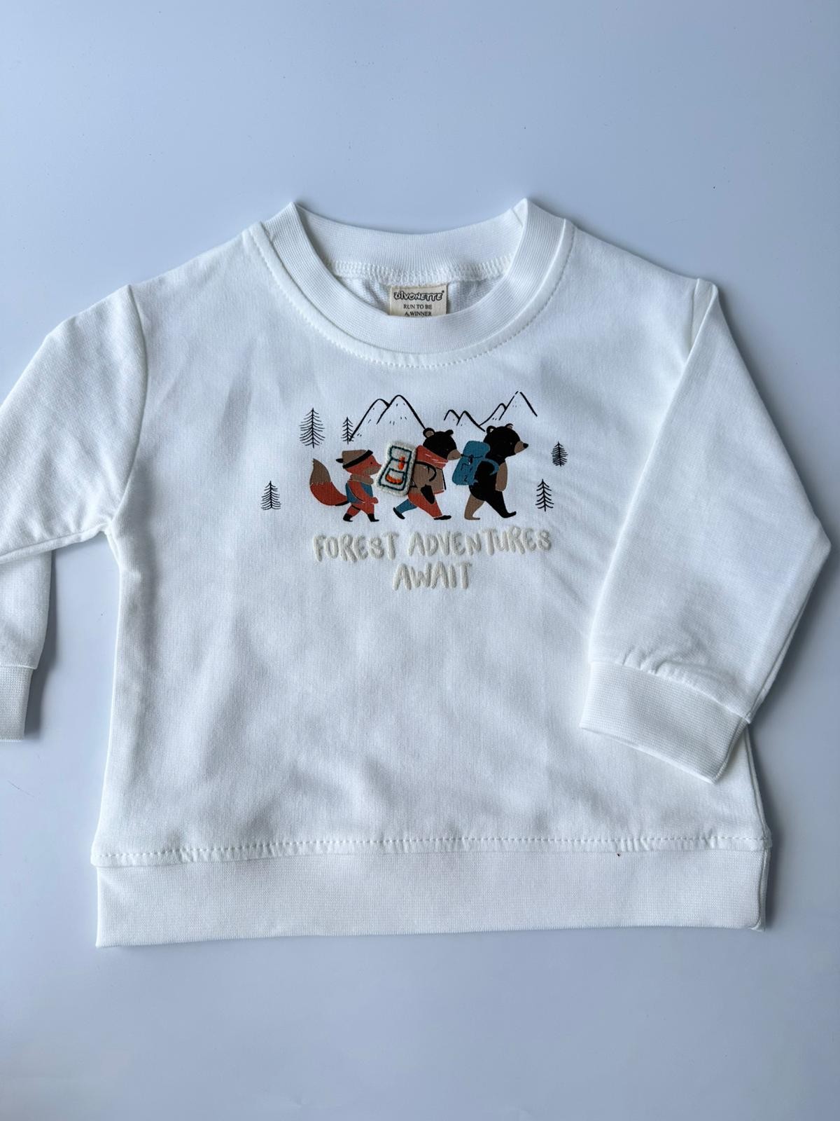  Ön Animal  Desenli  Bisiklet Yaka2 İplik Erkek Bebek Sweatshirt - Beyaz