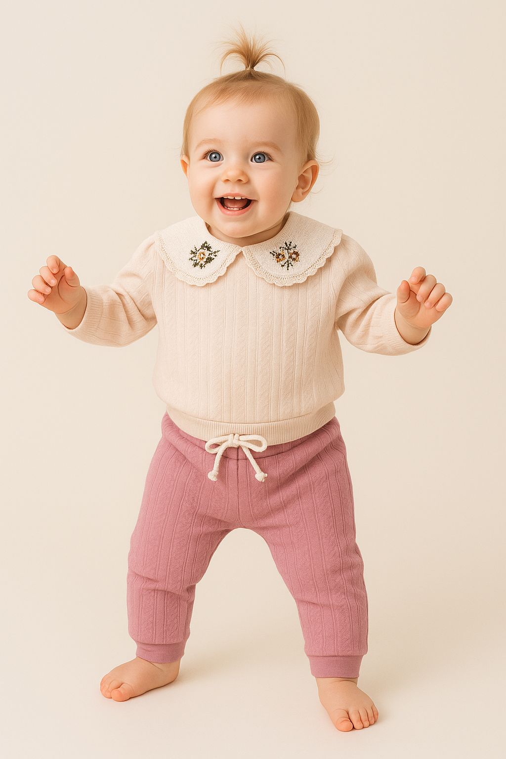 Yaka Detaylı Çiçek Nakışlı Kız Bebek Takım - G.Kurusu