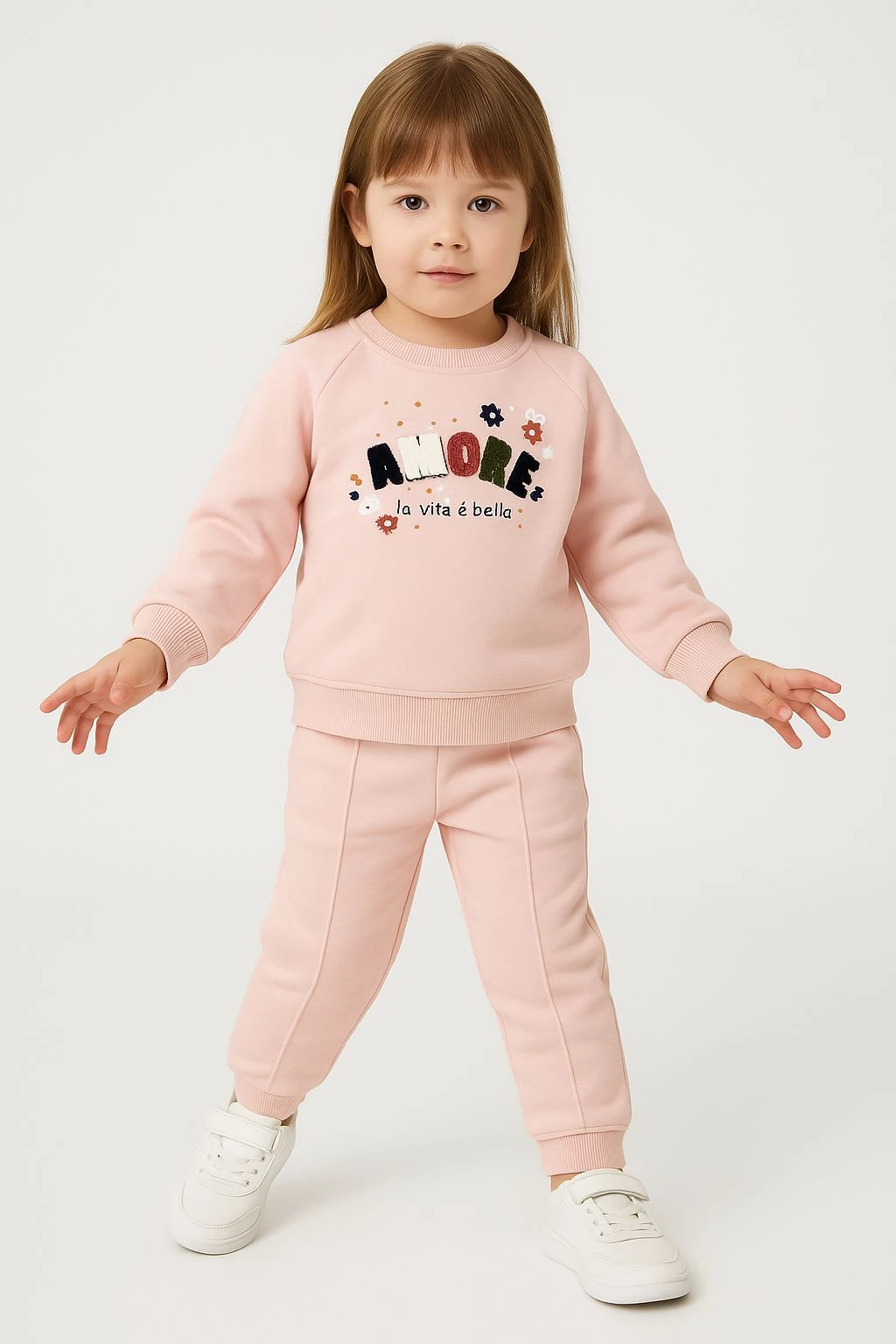 Amore Nakış Detaylı %100 Pamuk 2 İplik Kız Çocuk Takım - Pembe