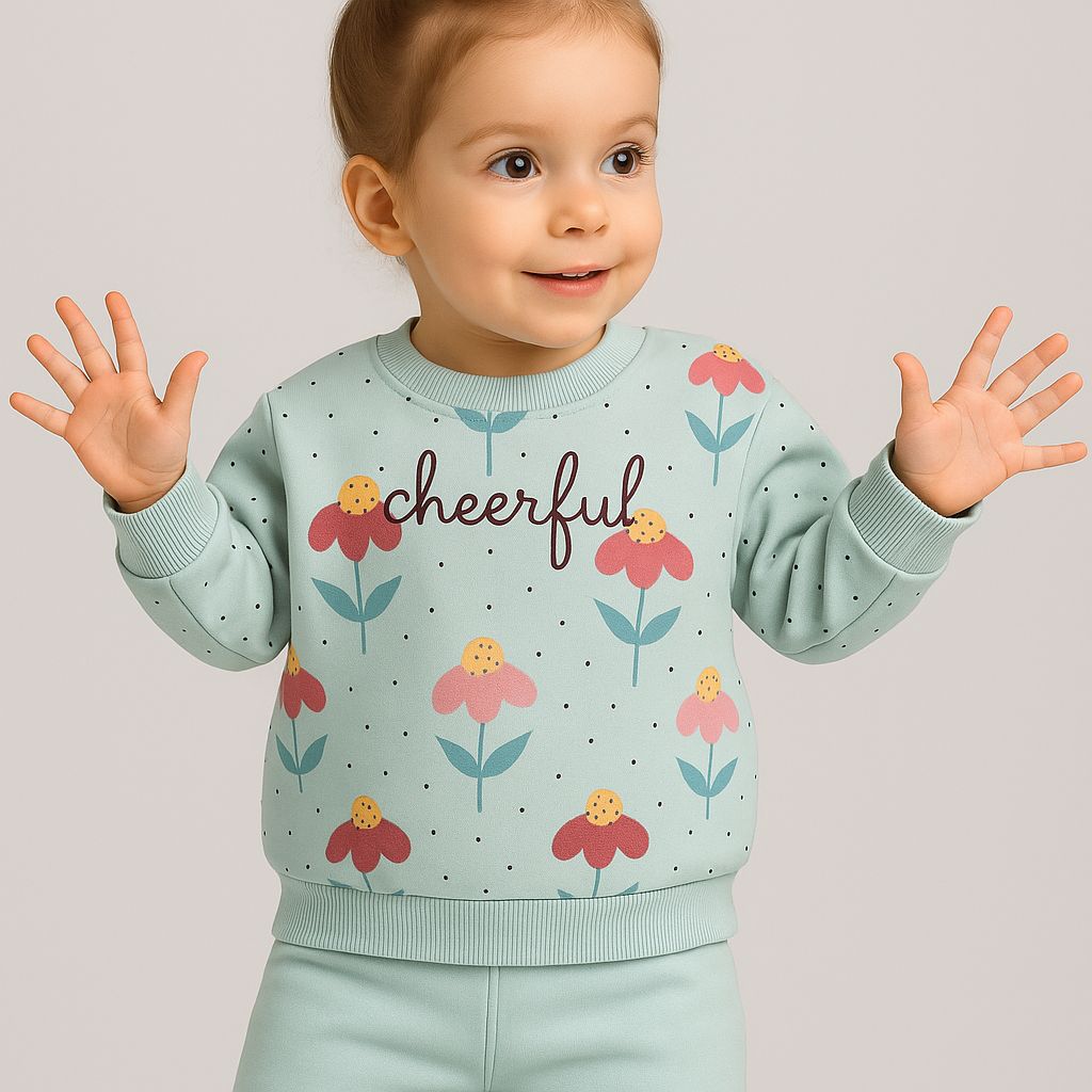 Cheerful Baskılı %100 Pamuk 2 İplik Kız Çocuk Sweatshirt - Mint