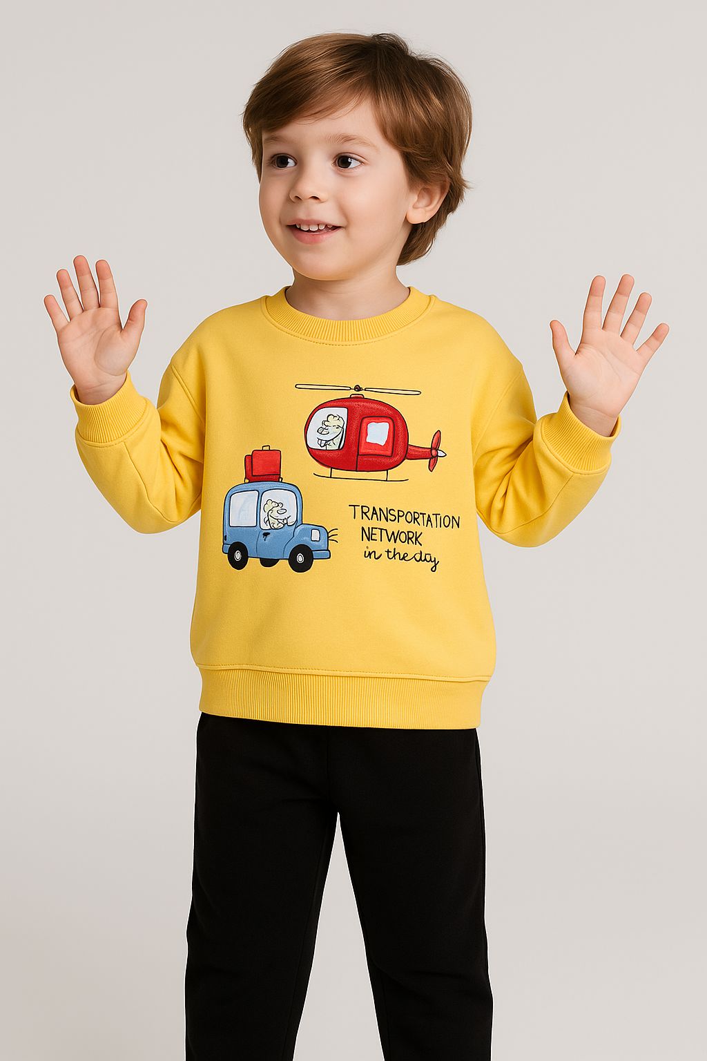 Transportation Baskılı 2 İplik %100 Pamuk Erkek Çocuk Sweatshirt - Sarı