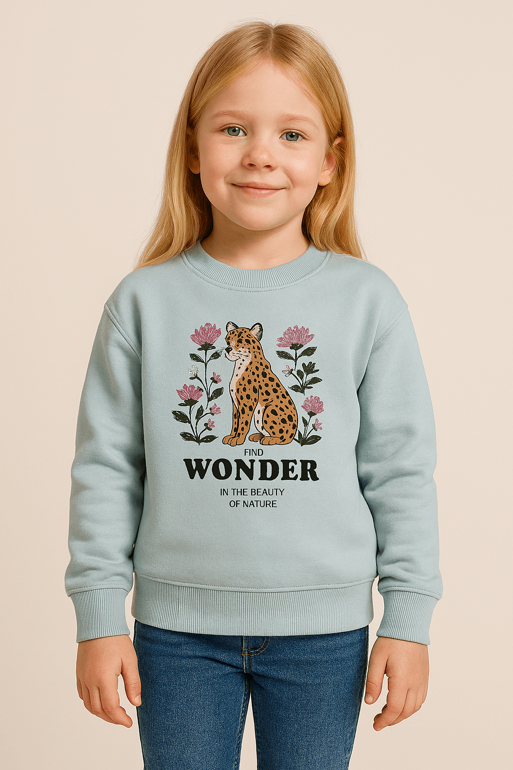 Mint Leopar Desenli %100 Pamuk 2 iplik Kız Çocuk Sweatshirt