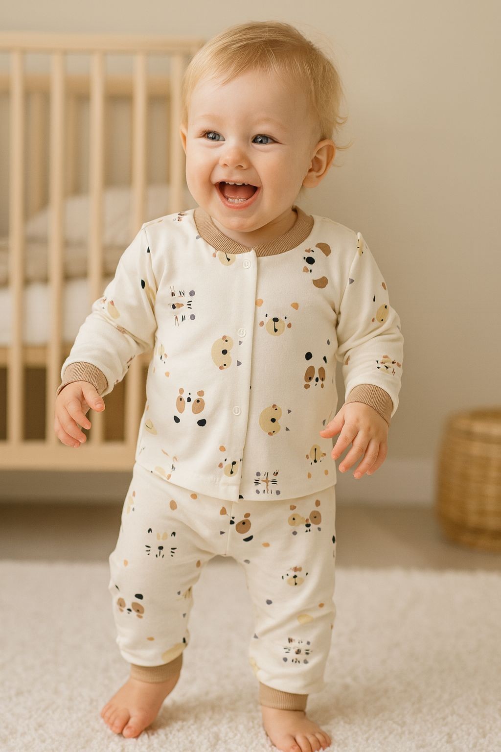 Ekru Ribanalı Mini Animal Desenli %100 Pamuk Pijama Takımı
