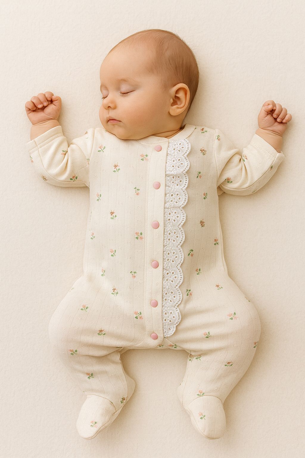 Krem Çiçek Desenli Fistolu Önden Çıtçıtlı %100 Pamuk Jakarlı Kız Bebek Tulum