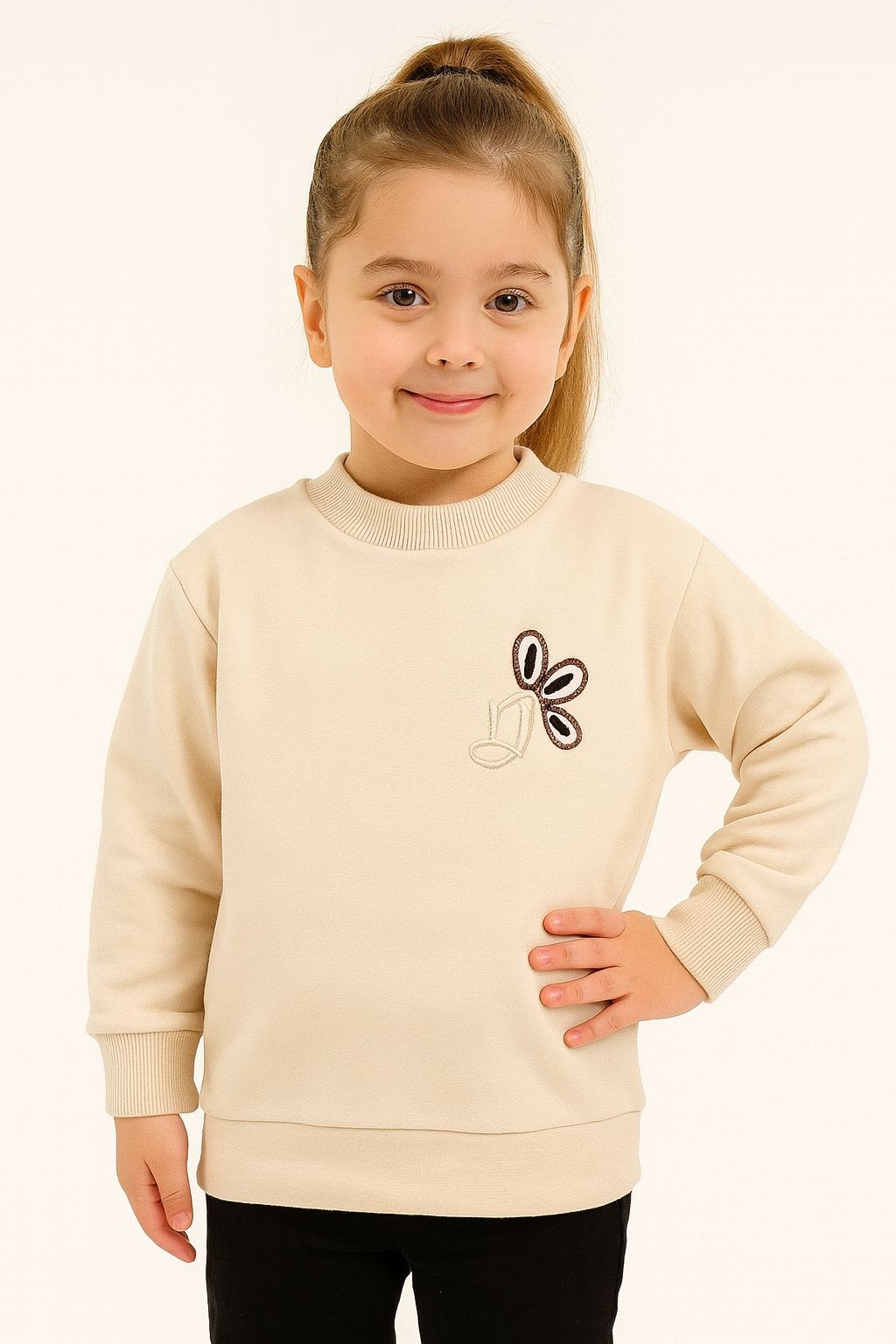 Krem Renk Nakış İşlemeli %100 Pamuk Kız Çocuk Sweatshirt