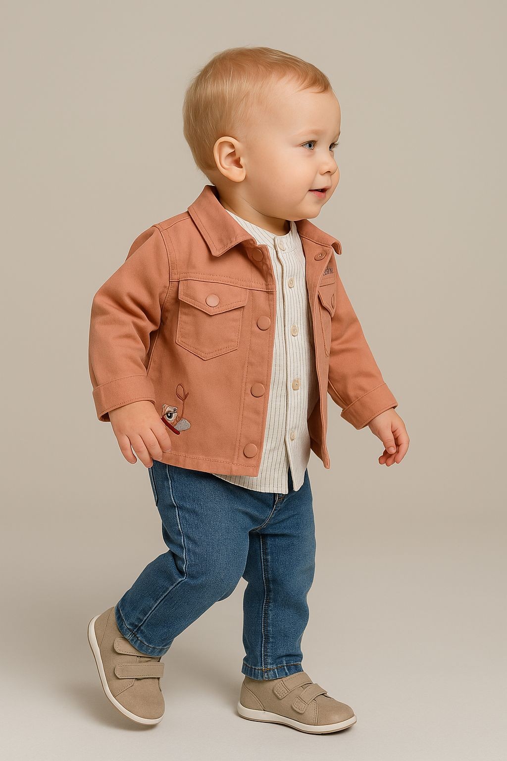 Denim Ceketli  Gömlek Pantolon % 100 Pamuklu Erkek Bebek Takım  - Somon