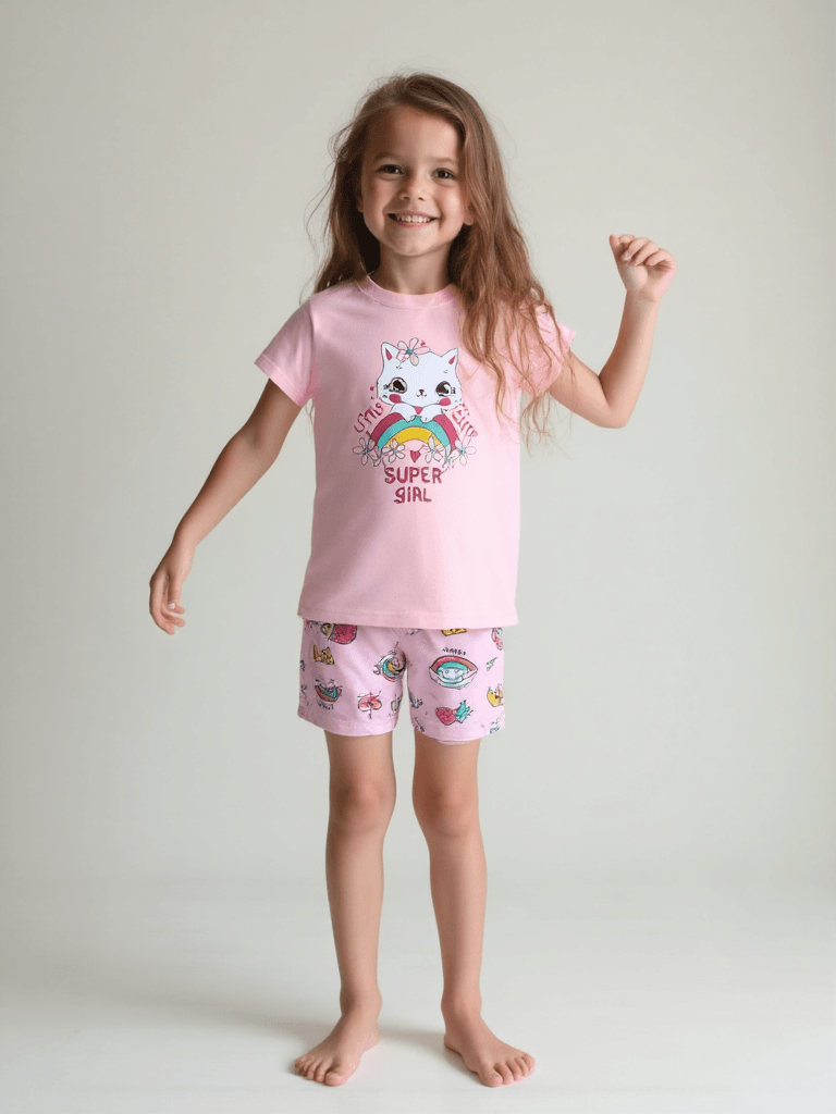 Pembe Kedi Kısa Kol Şortlu Kız Çocuk Pijama Takım