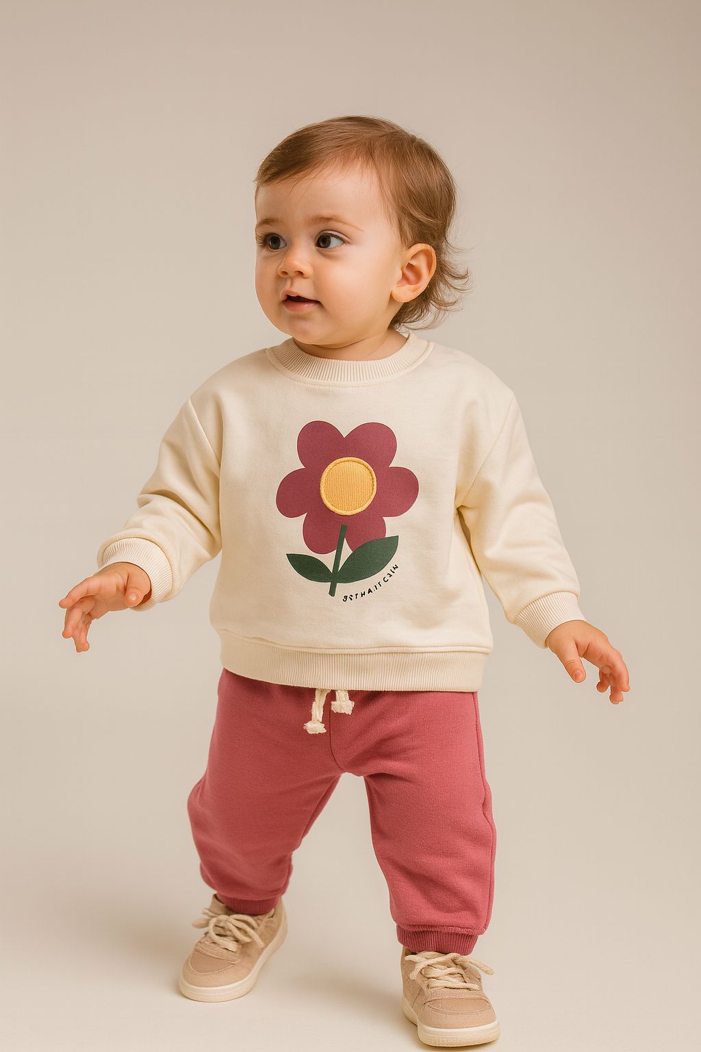 Papatya Model %100 Pamuk Krem Sweat Kız Bebek Eşofman Takım