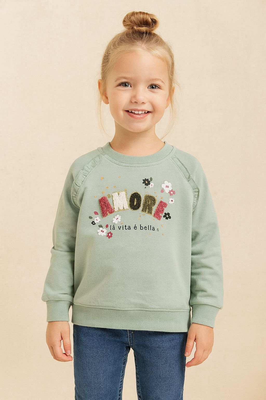 Amore Nakış Detaylı %100 Pamuk 2 İplik Kız Çocuk Sweatshirt - Mint