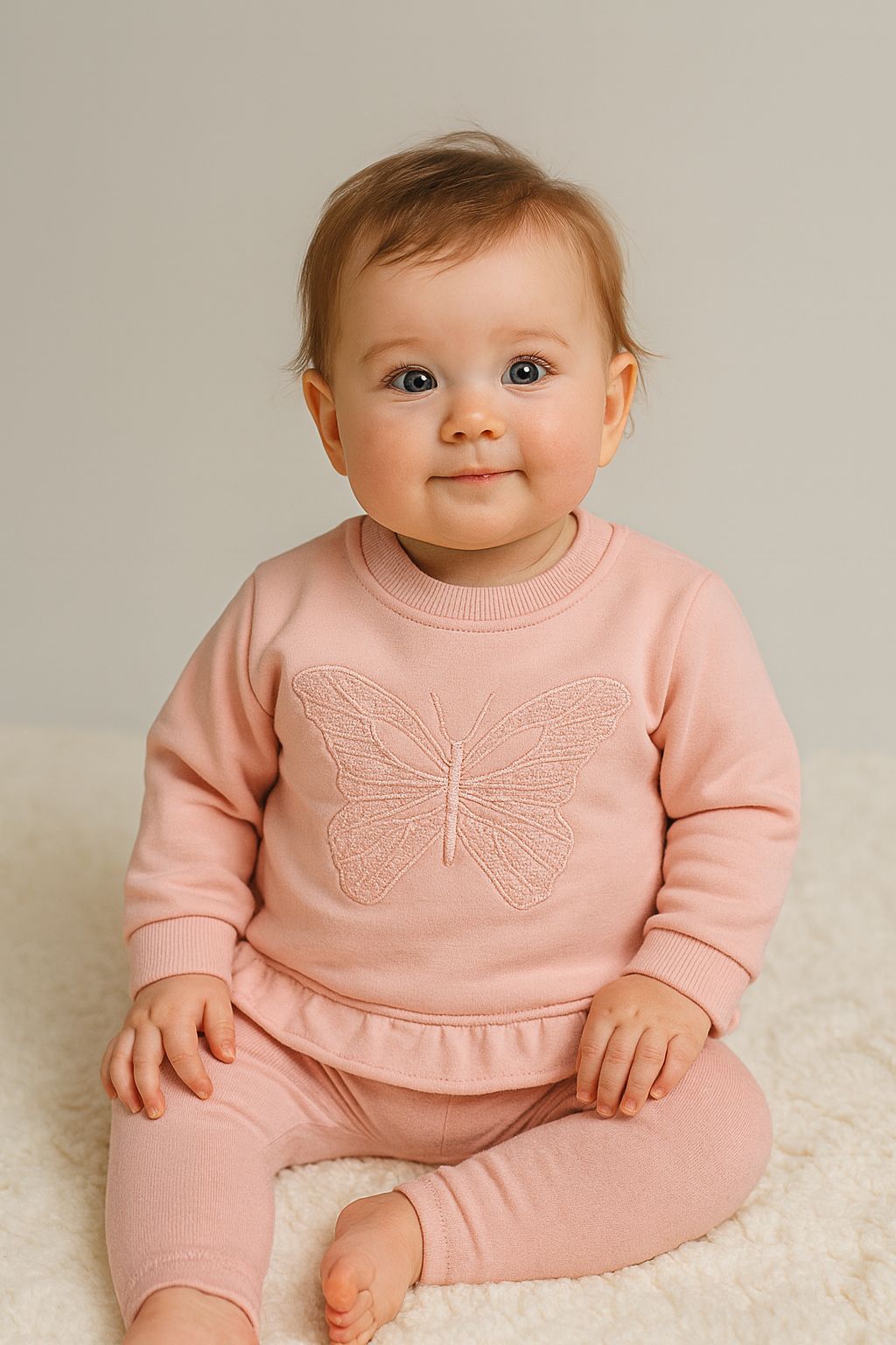 Kelebek Nakış İşlemeli 2 İplik Pamuk Kız Bebek Sweatshirt - Pembe