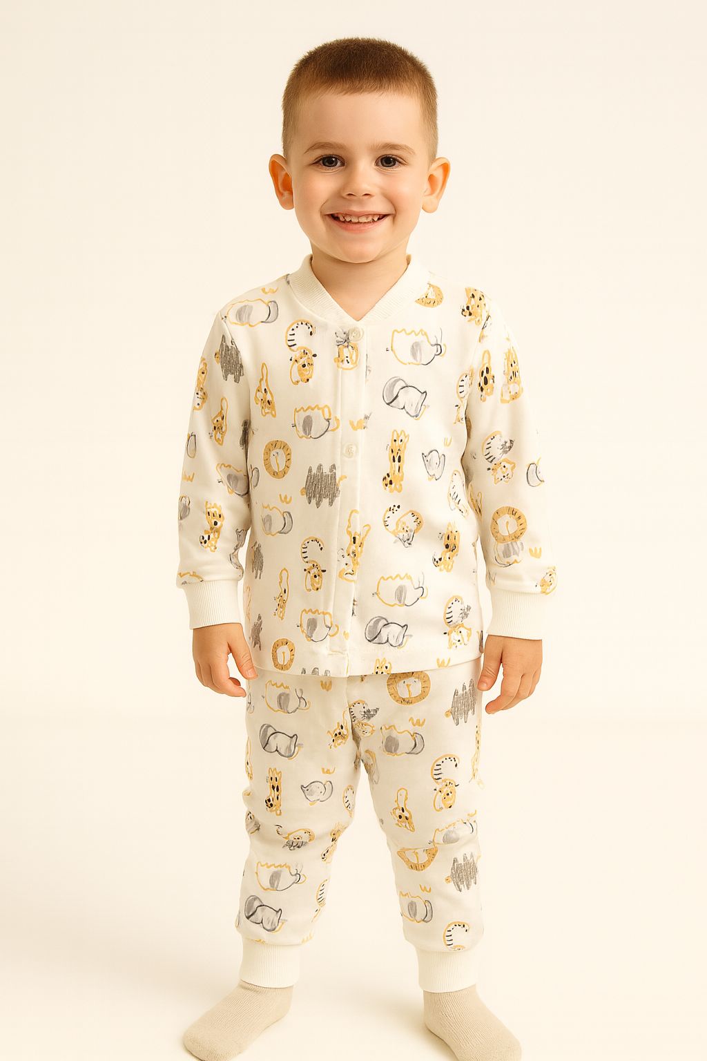 Ekru Fil Desenli %100 Pamuk Önden Çıtçıtlı Erkek Çocuk Pijama Takımı