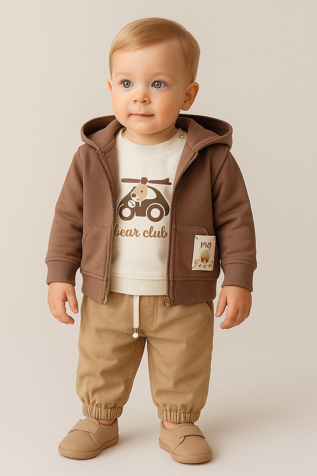 Kahve 2 İplik %100 Pamuk Fermuarlı kapüşonlu Hırkalı Sweat Pantolon Erkek Bebek Takım