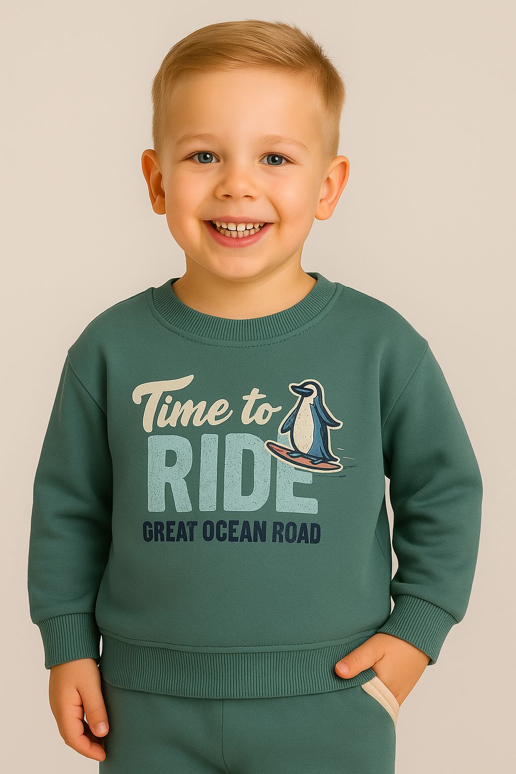 Penguen Aplikeli 2 iplik Pamuk Erkek Çocuk Sweat - Yeşil