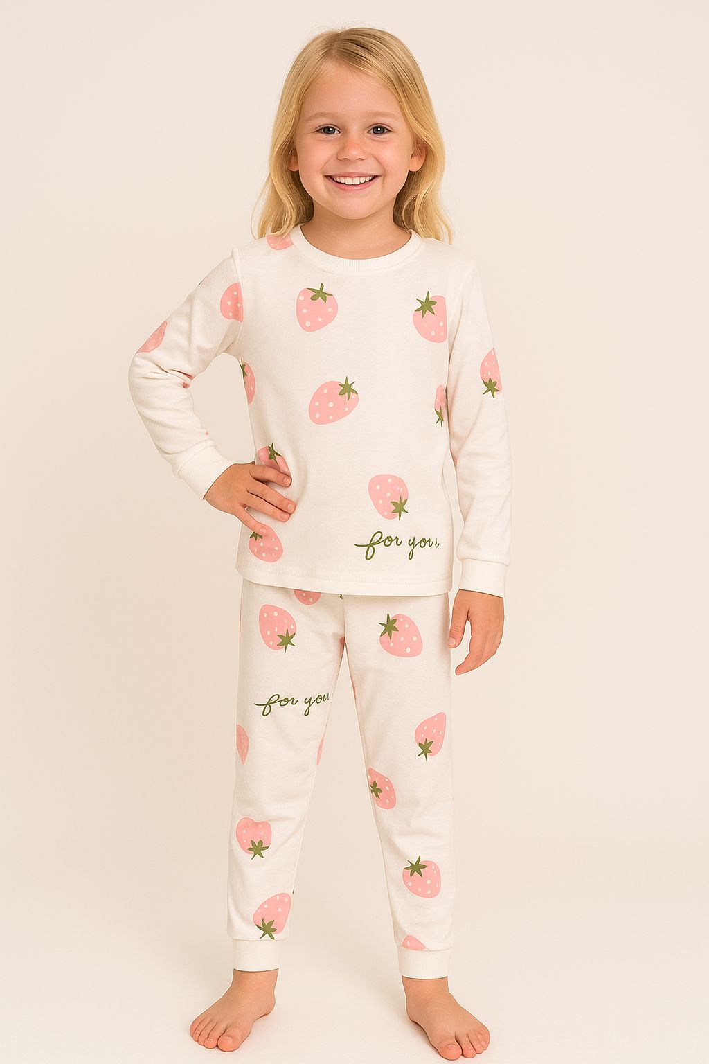 Ekru Çilek Desenli %100 Pamuk Kız Çocuk Pijama Takımı