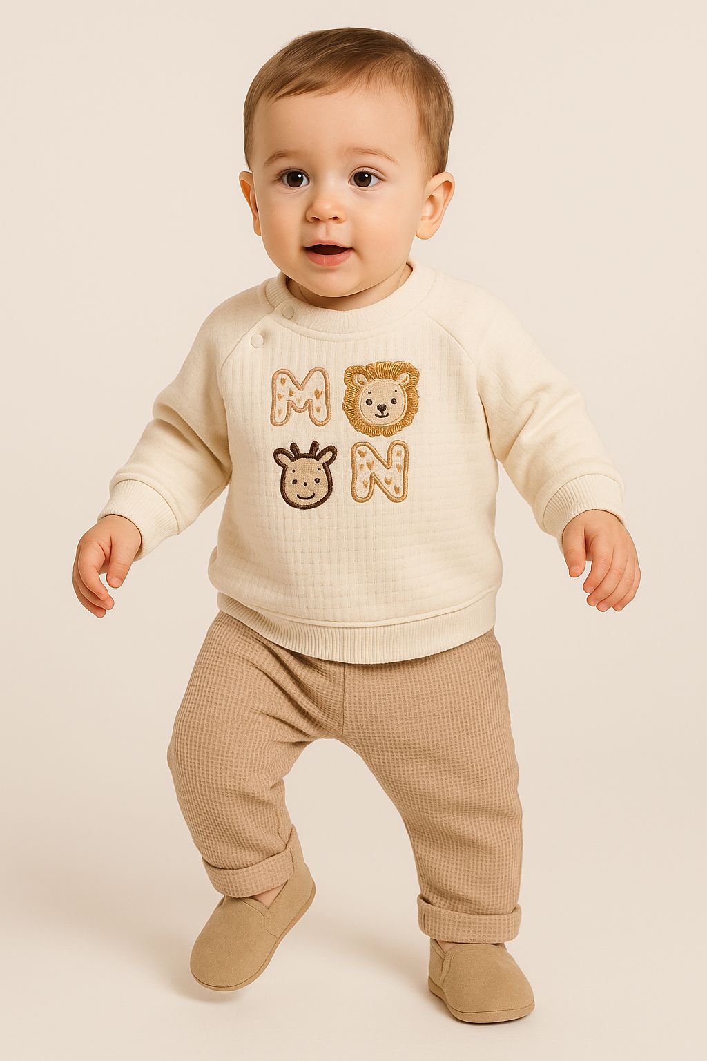 Ekru Jakarlı Aslan Nakışlı %100 Pamuk Erkek Bebek Takım