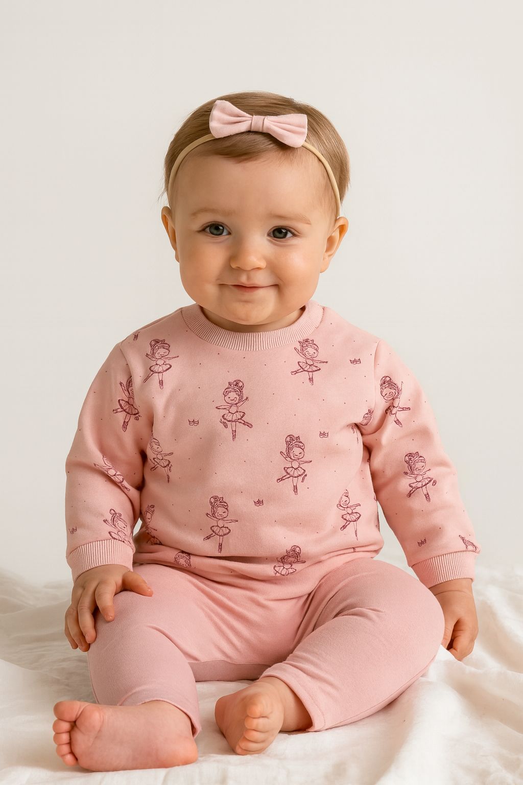 Balerin Desenli 2 İplik Pamuk Kız Bebek Sweat - Pembe