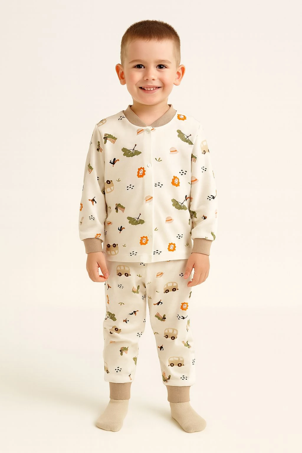 Ribanalı Ekru Animal Araba Desenli %100 Pamuk Önden Çıtçıtlı Erkek Çocuk Pijama Takım