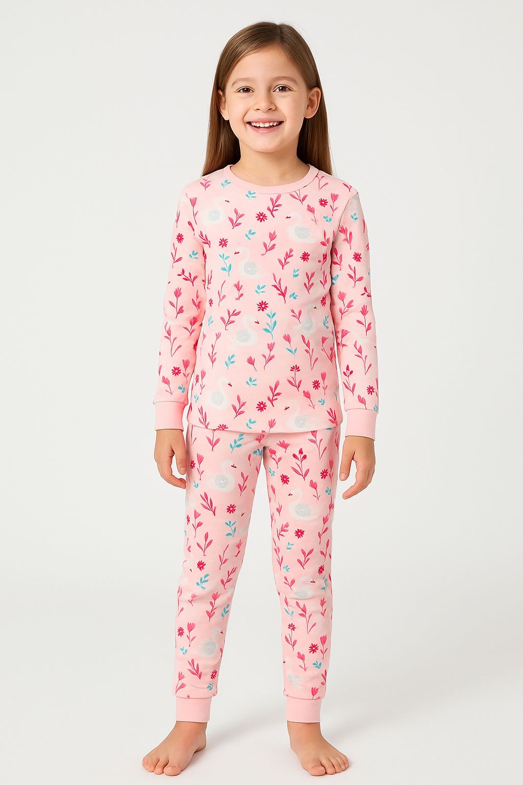 Pembe Kuğu Desenli %100 Pamuk Kız Çocuk Pijama Takım