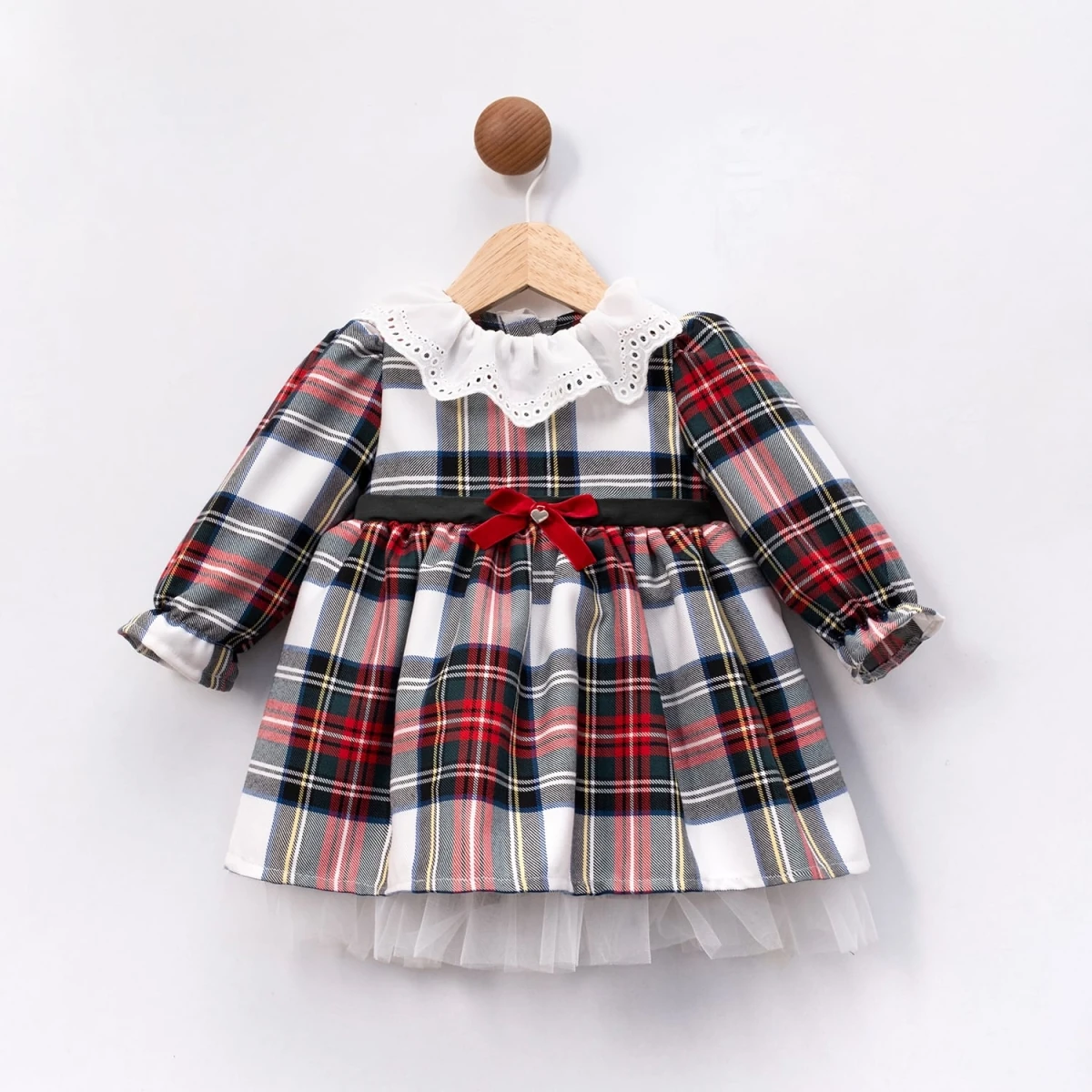 Ekose Tütülü Yaka Fistolu  Kız Bebek Elbise