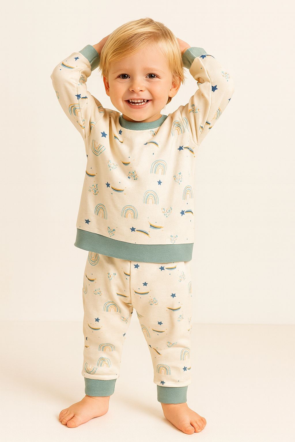 Gökkuşağı Desenli Mint Erkek/Kız Çocuk  Pijama Takımı