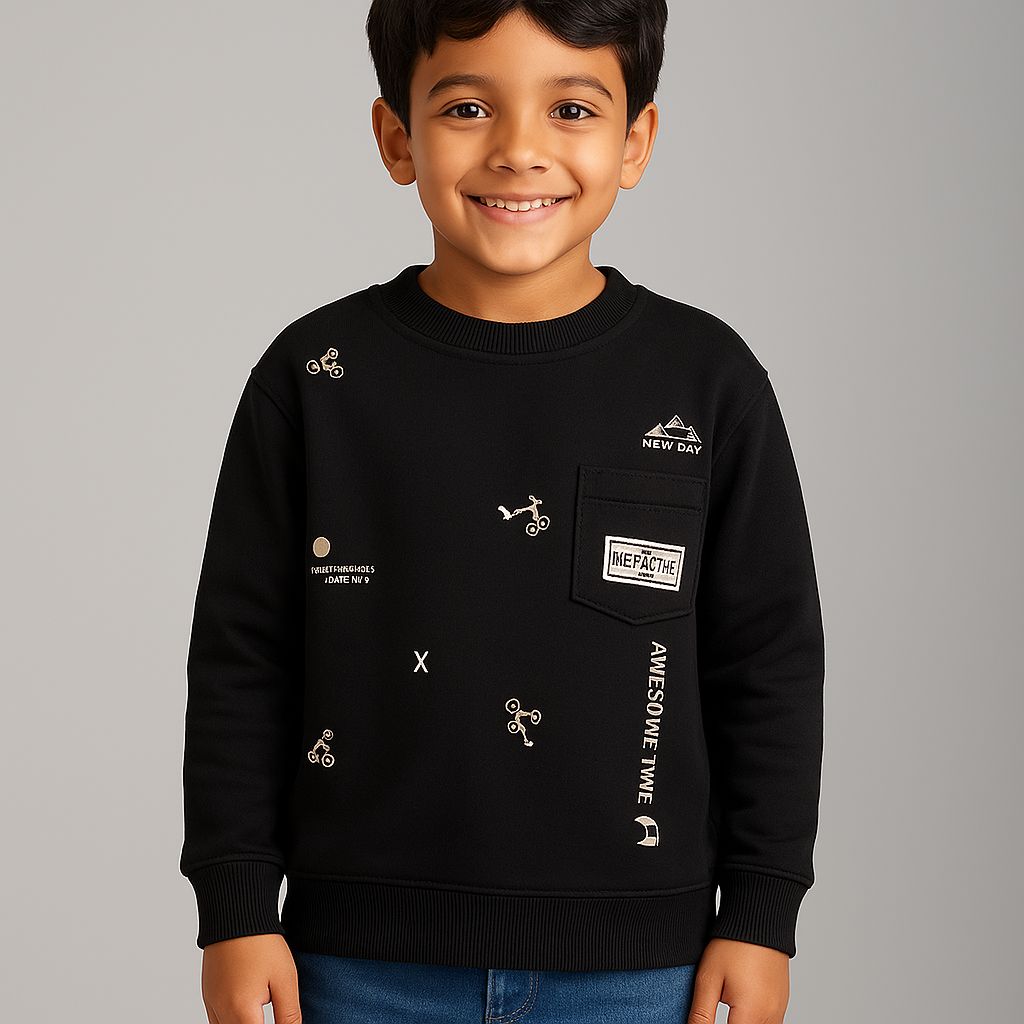 Awesome Time Baskılı  2 İplİK Pamuk Erkek Çocuk Sweat  - Siyah