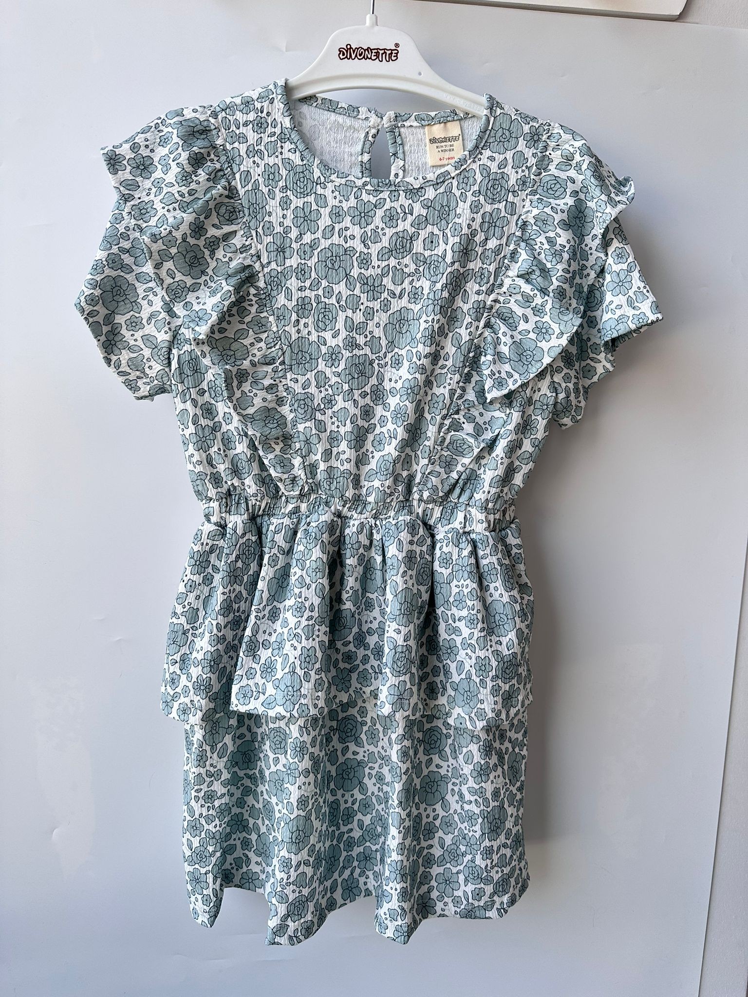 Beli Lastikli Fırfırlı Kız Çocuk Desenli Elbise - Mint