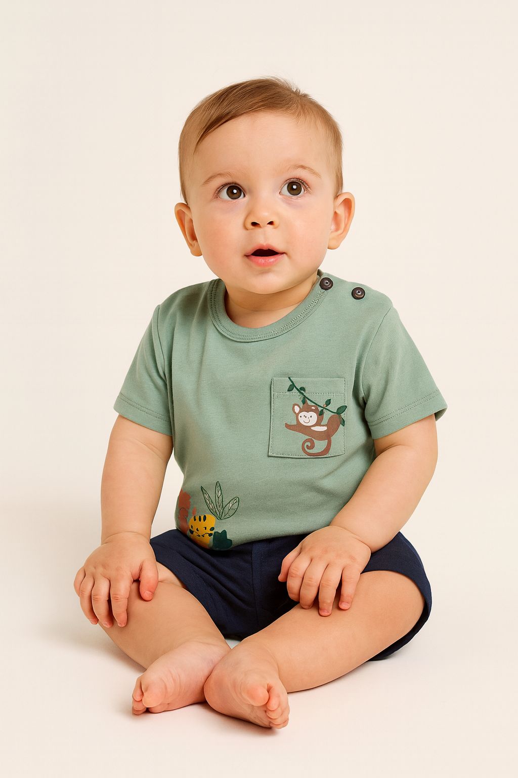 Cep Detaylı Monkey %100 Pamuk Erkek Bebek Tişört - Yeşil