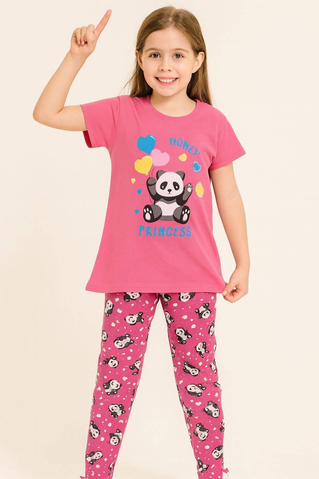 Pembe Panda Kalp Desenli Yarım Kol Uzun Alt Kız Çocuk Pijama Takım