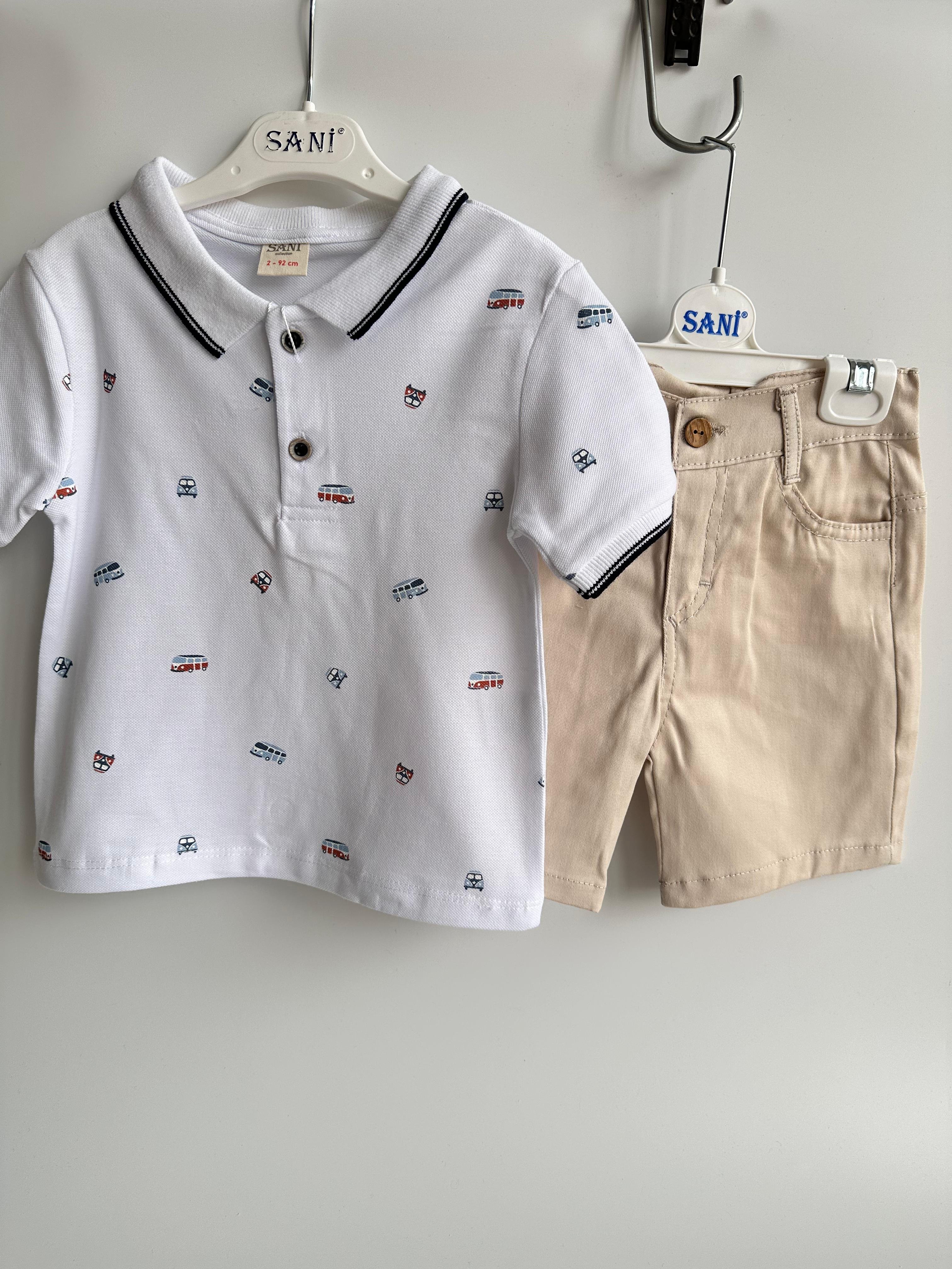 Beyaz Lacoste Araba Desenli Şortlu Erkek Çocuk Yazlık Takım