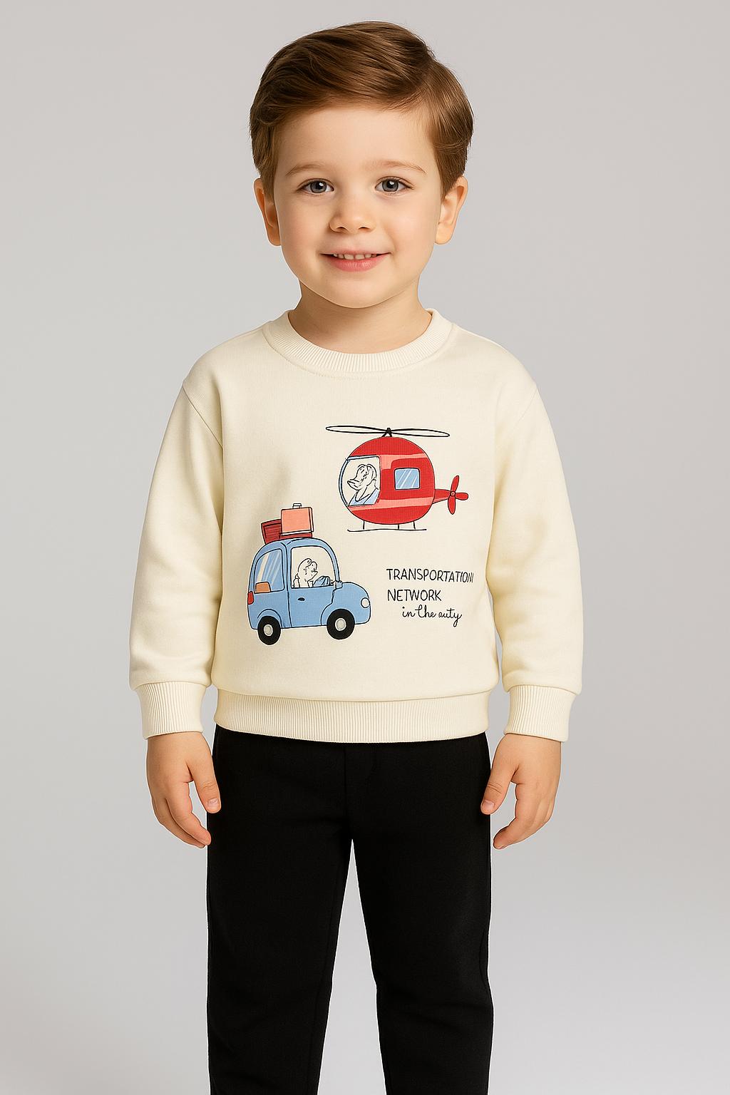 Transportation Baskılı 2 İplik %100 Pamuk Erkek Çocuk Sweatshirt - Krem
