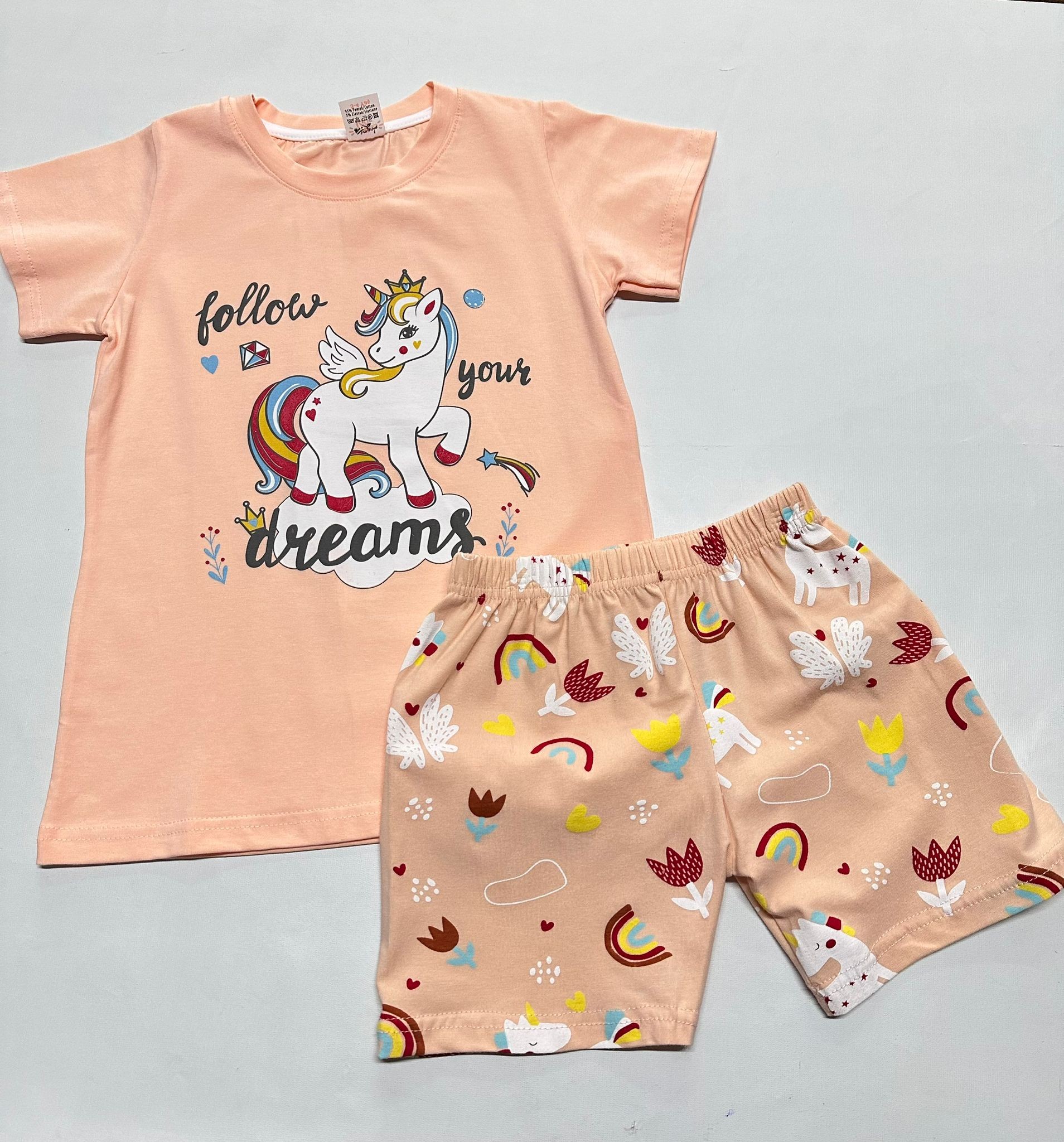 Kız Çocuk Somon Unicorn  Kısa Kol Şortlu Pijama Takım