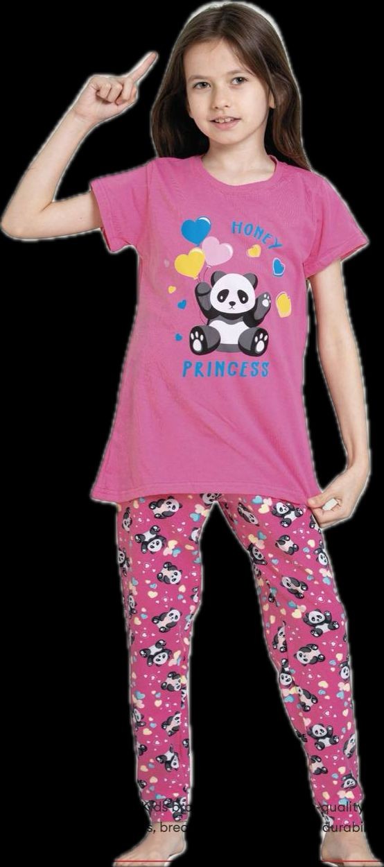 Pembe Panda Kalp Desenli Yarım Kol Uzun Alt Kız Çocuk Pijama Takım
