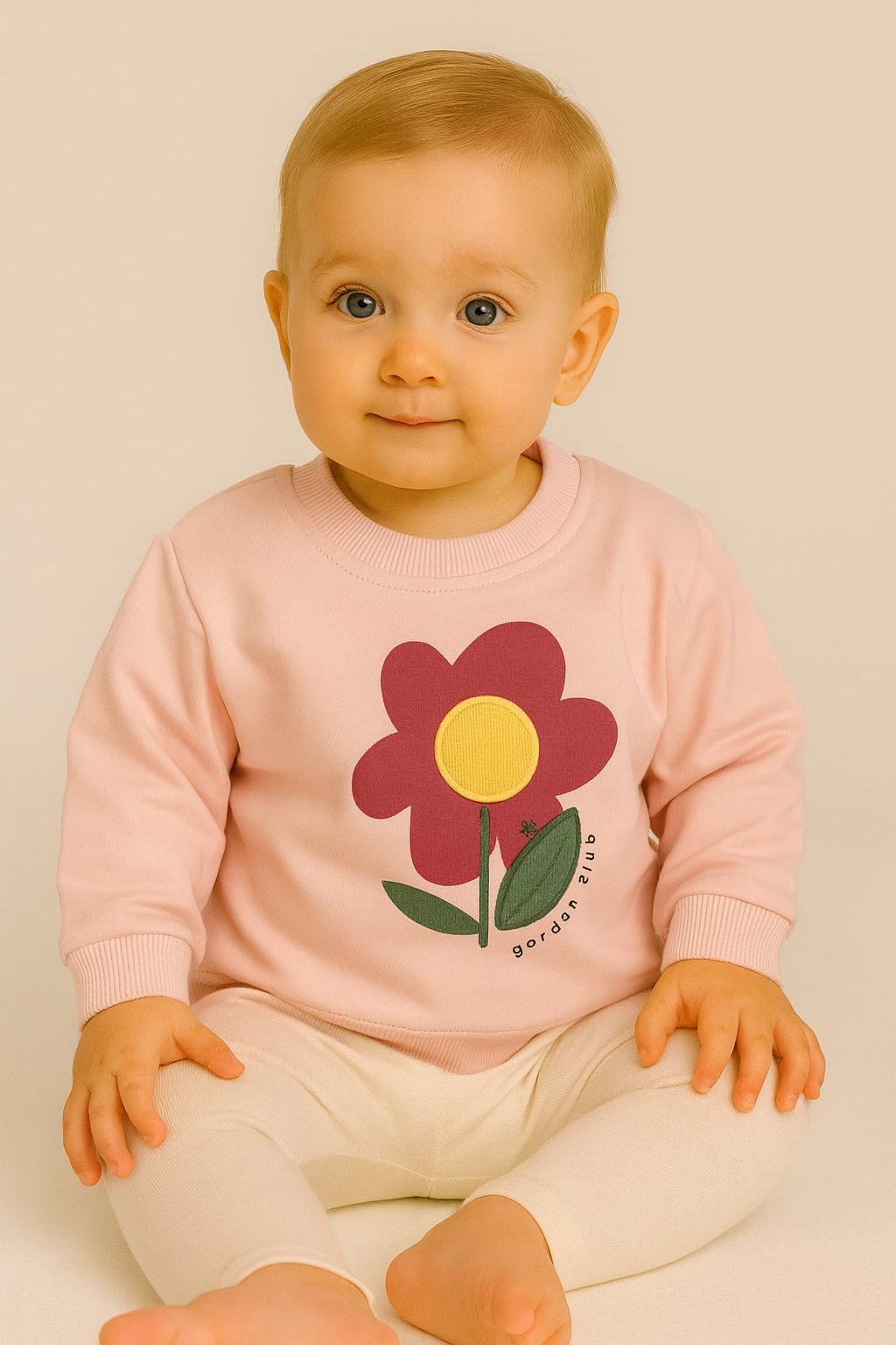 Papatya Model 2 İplik %100 Pamuk Kız Bebek Sweatshirt - Pembe