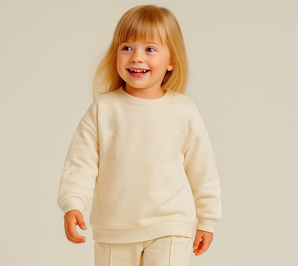Krem Çiçek Nakış İşlemeli 2 İplik %100 Pamuk Kız Çocuk Sweatshirt