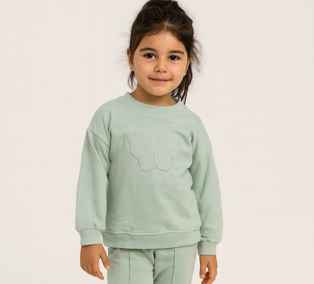 Mint Kelebek Nakışlı 2 İplik %100 Pamuk Kız Çocuk Sweat