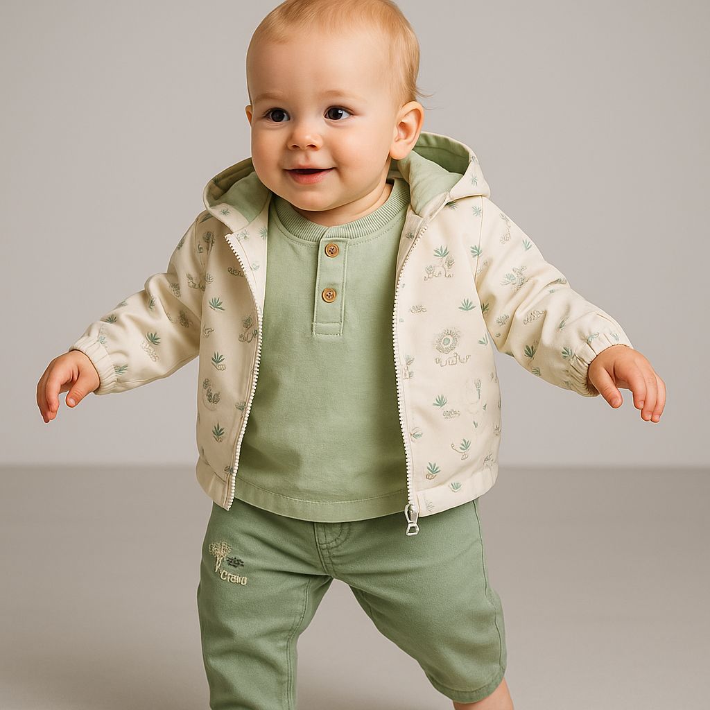 Aslan Desenli Yağmurluklu Yeşil Sweat Pantolon Erkek Bebek Takım