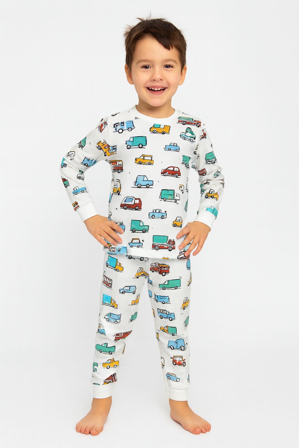 Beyaz Araba Desenli Erkek Çocuk Pijama Takımı 