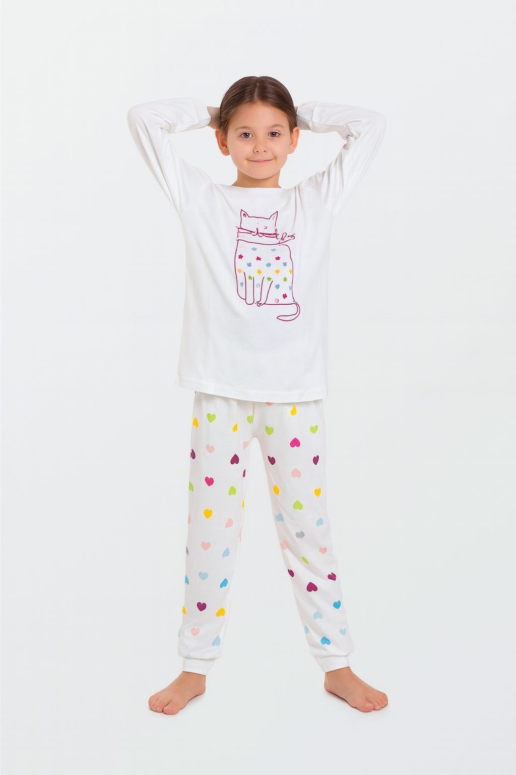Ekru Kalp Desenli Kız Çocuk Pijama Takımı