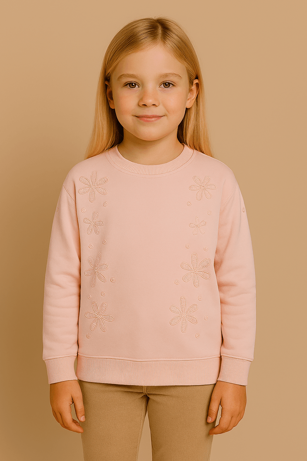 Çiçek Nakış İşlemeli 2 İplik %100 Pamuk Kız Çocuk Sweatshirt - Pembe