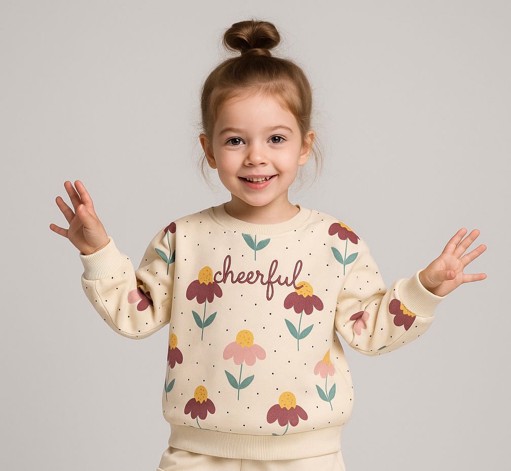 Cheerful Baskılı %100 Pamuk 2 İplik Kız Çocuk Sweatshirt - Krem
