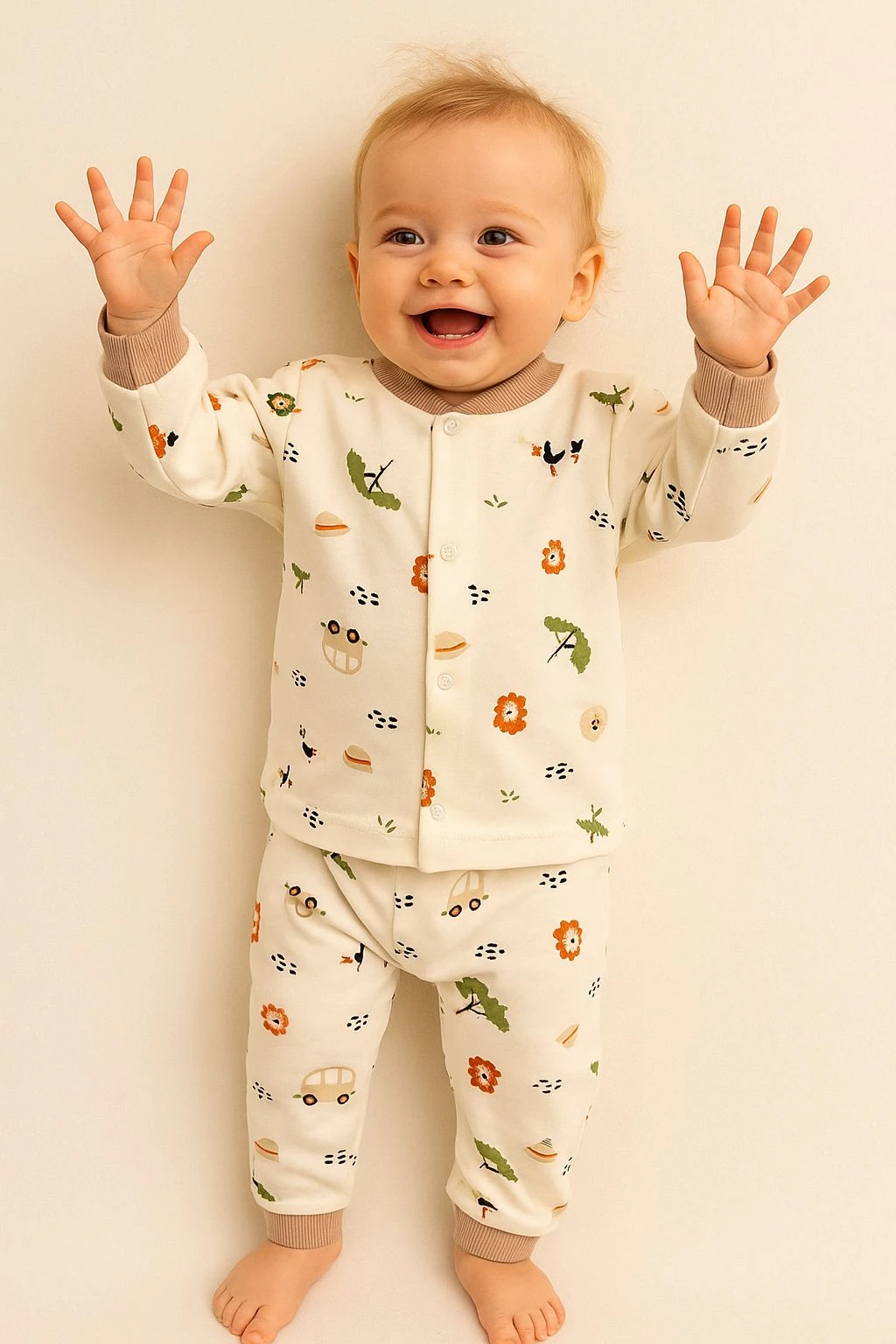 Ribanalı Ekru Animal Araba Desenli %100 Pamuk Önden Çıtçıtlı Erkek Çocuk Pijama Takım