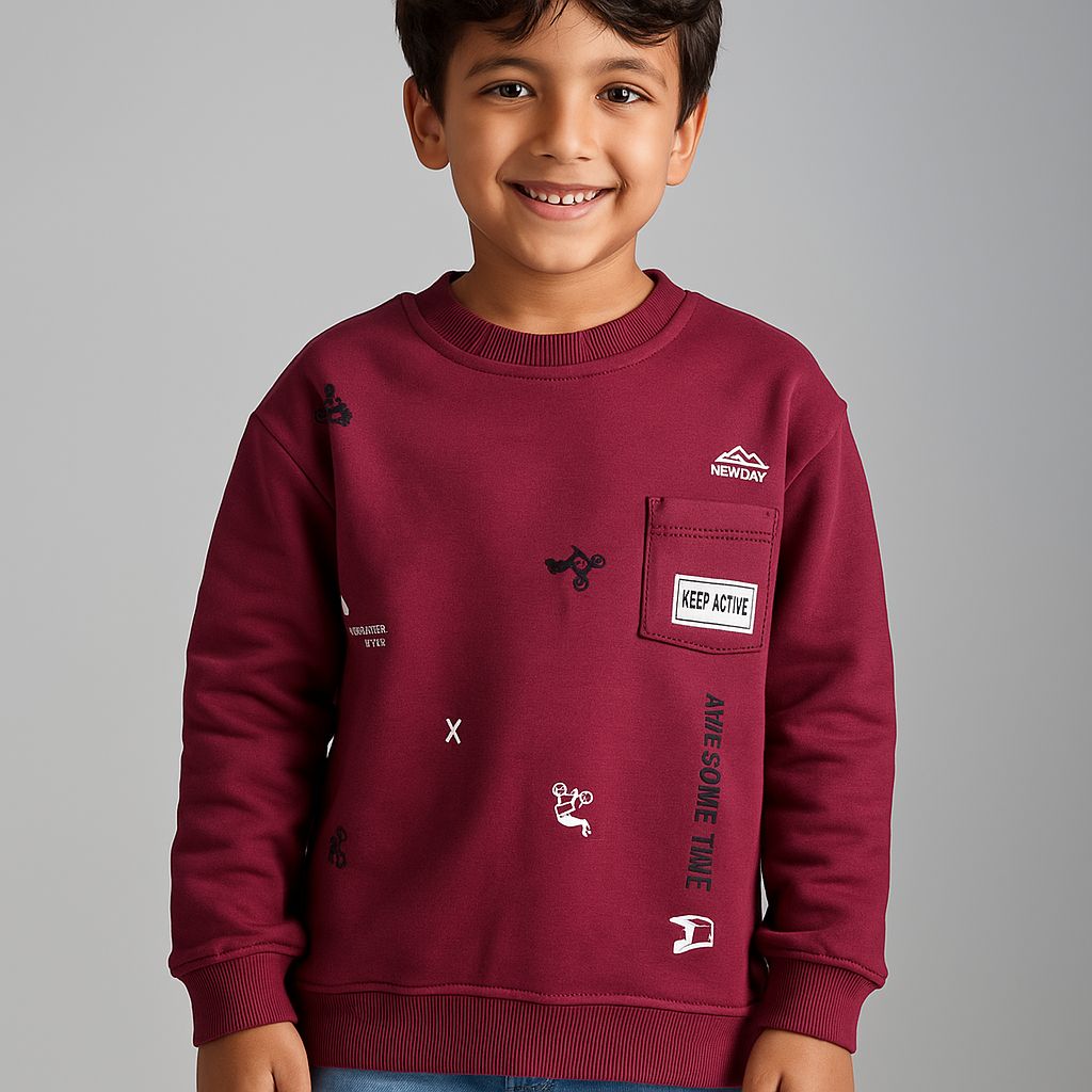 Awesome Time Baskılı  2 İplİK Pamuk Erkek Çocuk Sweat  - Bordo