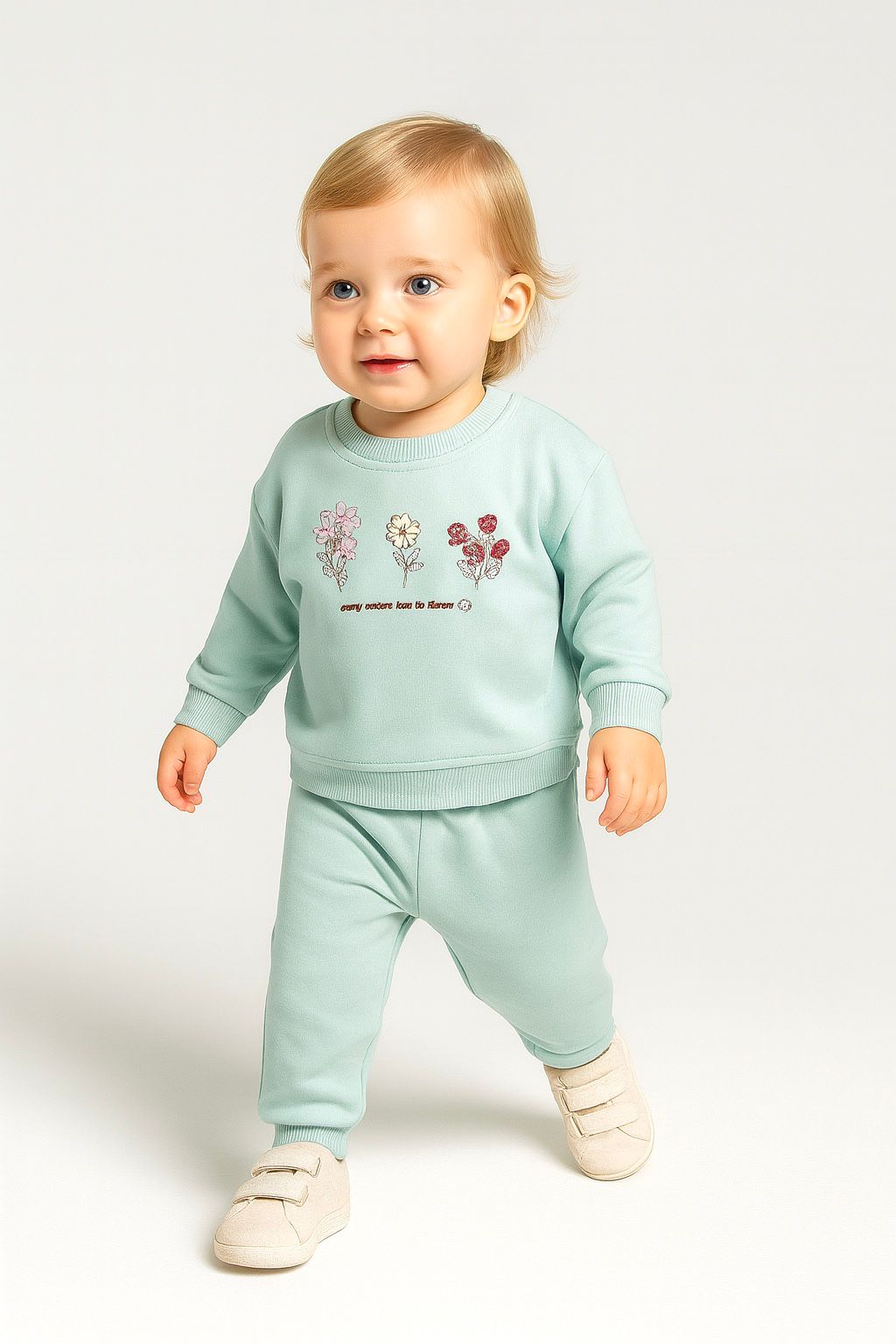 Çiçek Nakışlı %100 Pamuk 2 İplik Kız Bebek Eşofman Takım - Mint