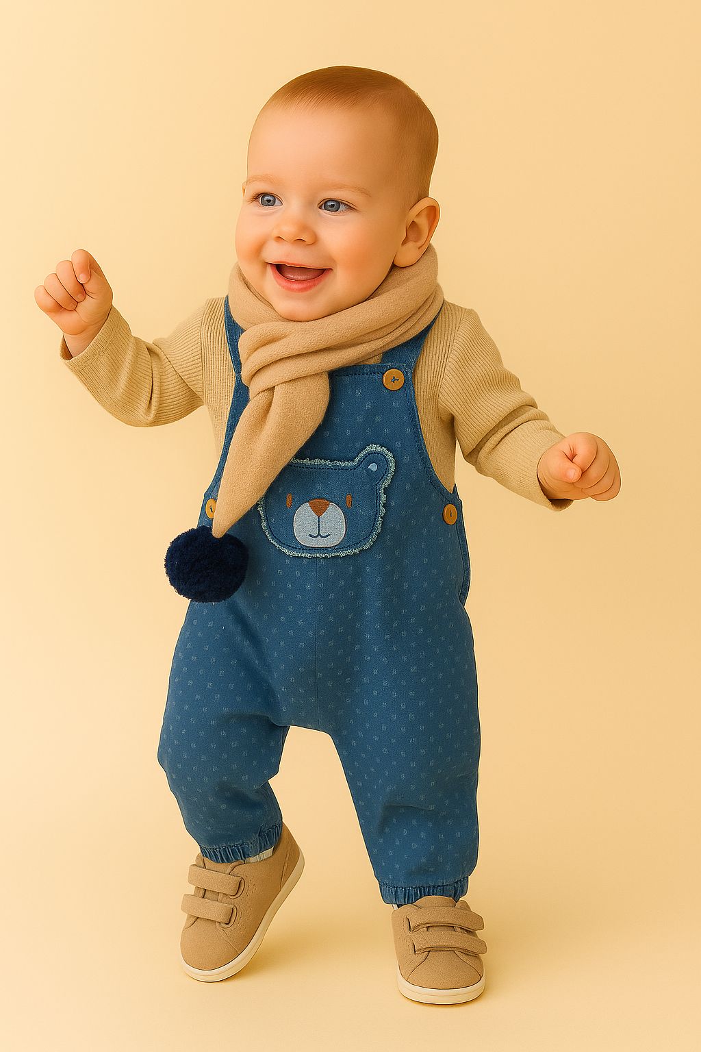 Atkılı Bear Denim Alttan Çıtçıtlı %100 Pamuk Gofre Uzun Kol Badi 3'lü Salopet Takım